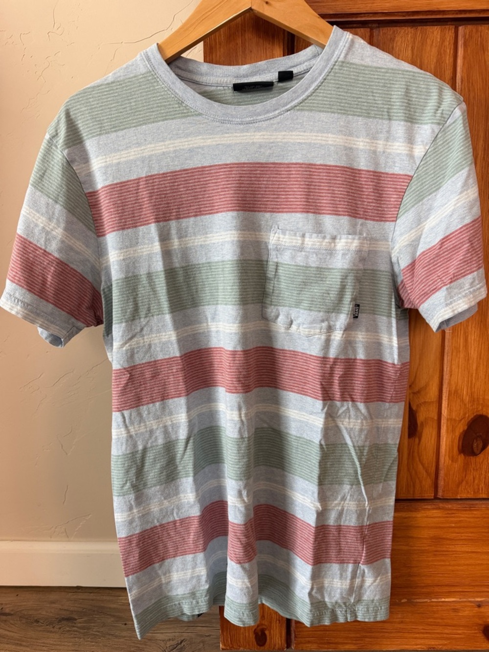 Vans men’s Short-Sleeve Striped Pocket Tee in Light Blue, Sage, red, Medium